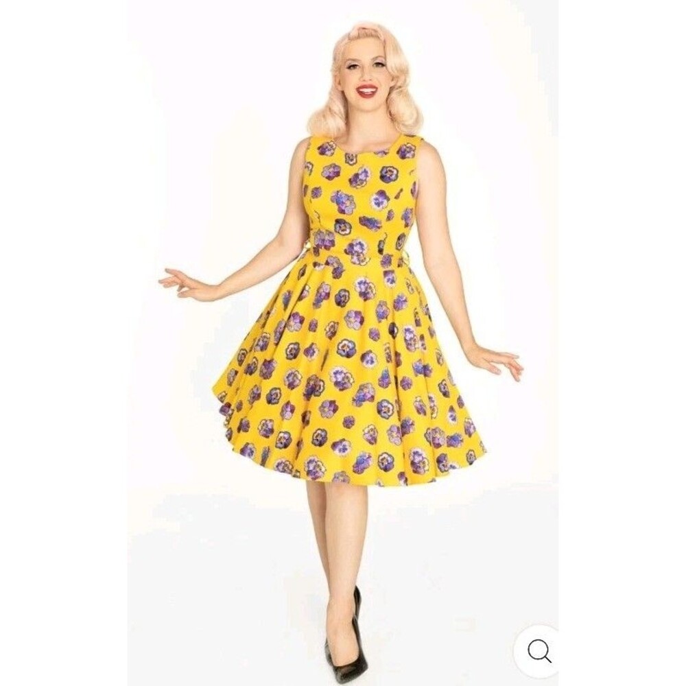 Miss Lulo Ruby Dress Small Yellow Purple Pansies A-Line Fit & Flare Retro Pin-Up